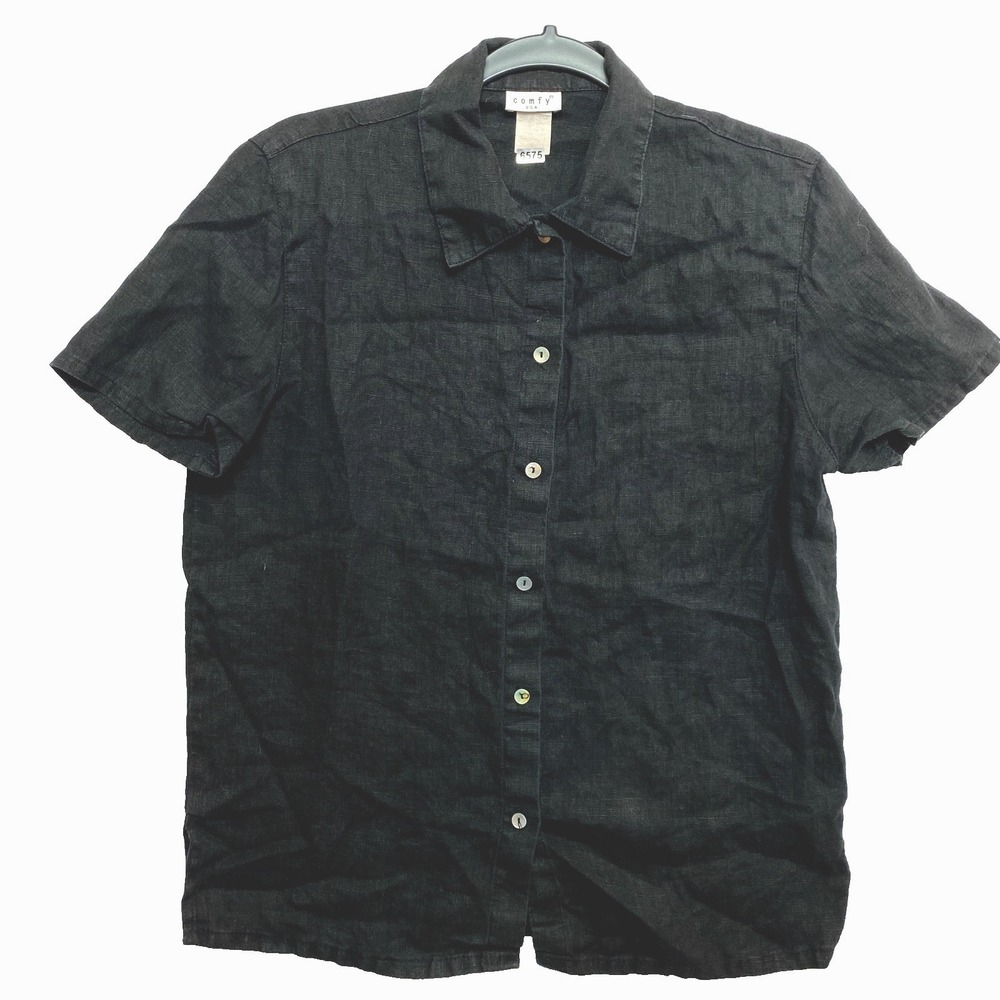 Comfy USA Shirt Womens Small Black Linen Button Up Oversized Blouse